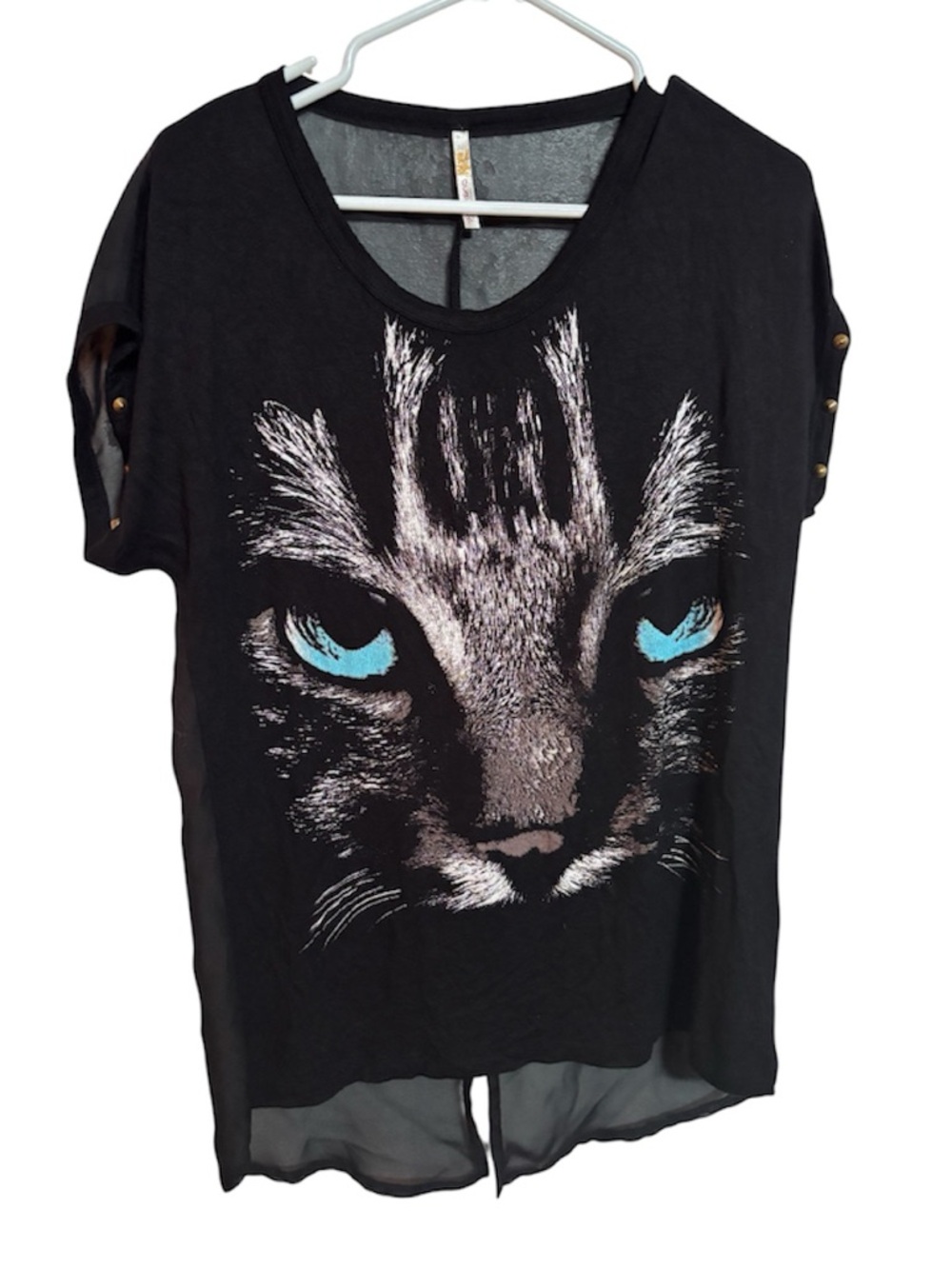 Vintage Ocasion Black Cat Graphic Sheer High-Low Top with Stud Details